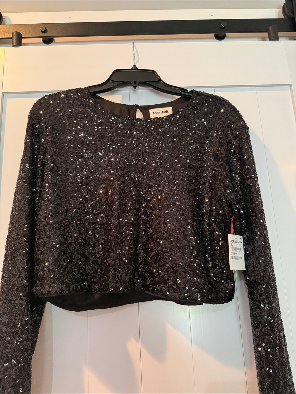 Open Edit Black Sequin Long-Sleeve Crop Top